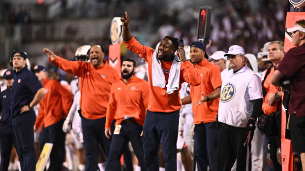 Nov 5, 2022; Starkville, Mississippi, USA; Auburn Tigers interim head coach Carnell Williams reacts after a penalty during overtime against the Mississippi State Bulldogs at Davis Wade Stadium at Scott Field. Mandatory Credit: Matt Bush-USA TODAY Sports